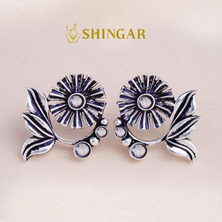 Set Of 12 Oxidized Designer Stud Earrings With Folding Jewelry Box