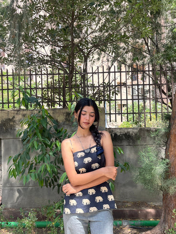 Black Elephant Print Cotton Spaghetti Top for Women (Buy 1 Get 1 Free)