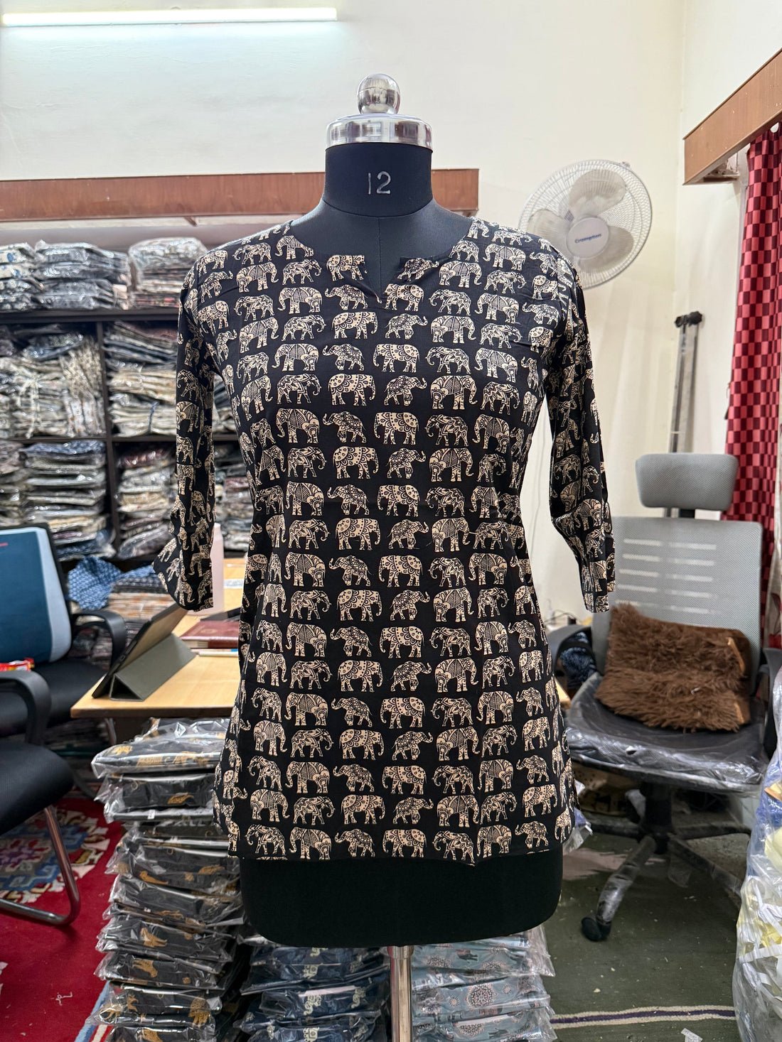 Black & Gold Elephant Block Print Cotton Short Kurti for Women (Buy 1 Get 1 Free)