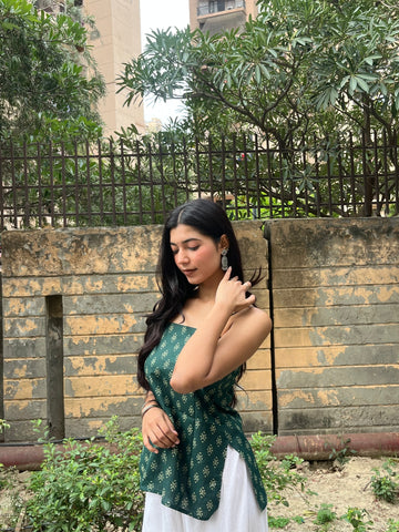 Bottle Green Block Print Cotton Spaghetti Top for Women (Buy 1 Get 1 Free)