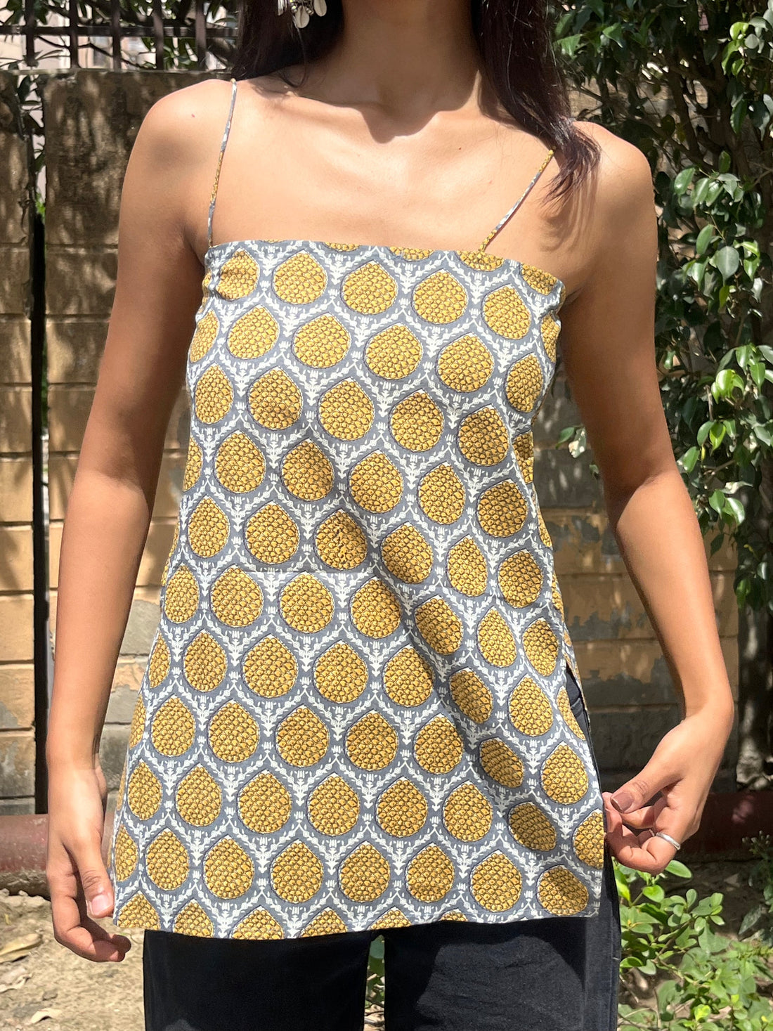 Grey Yellow Pineapple Buta Print Cotton Spaghetti Top for Women (Buy 1 Get 1 Free)